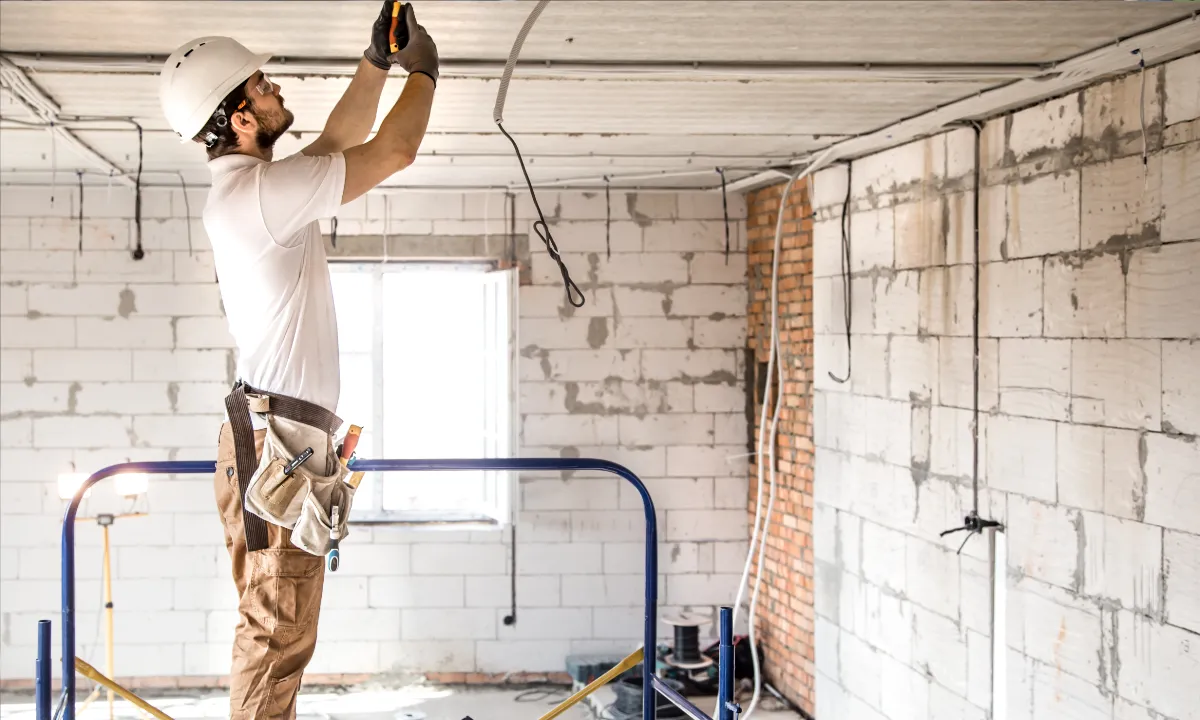 Une personne qui fait l'installation du plafonnage d'une construction